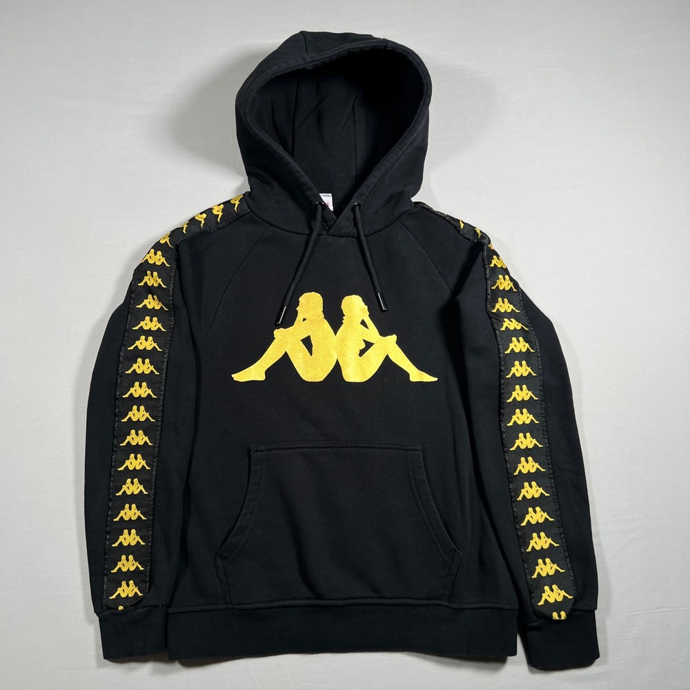 Kappa‎ Womens Omini Logo Hoodie Black Gold Tape Sleeve Sweatshirt XS
